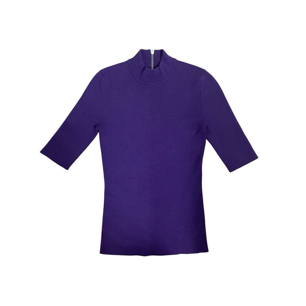 Michael Kors Purple Mock Neck Ribbed Knit Top Short Sleeve Italian Yarn XS